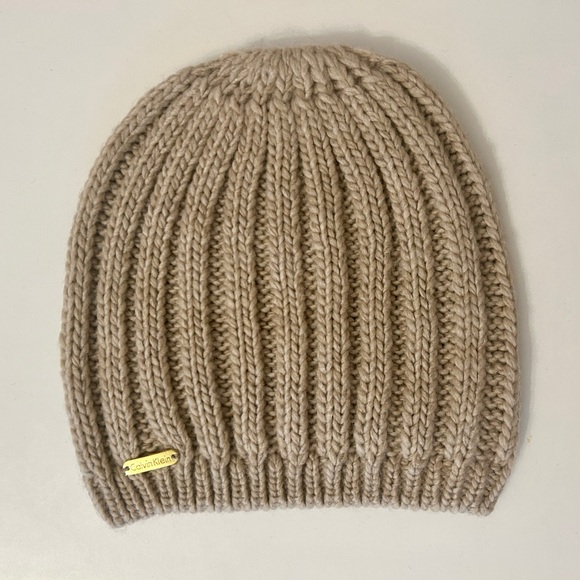NWOT Calvin Klein beige knit toque winter hat khaki tan woven beanie fall new - Picture 1 of 5